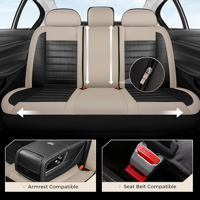 Coverado Car Seat Covers Full Set, Luxury Leather Car Seat Covers, Automotive Front and Rear Mesh Seat Covers, Full Set 5 Seats, Black Beige Seat Covers for SUV Sedan Truck