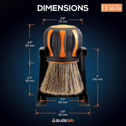 Suds Lab Elite-Bristle Boar’s Hair Car Detailing Brush – Deep Cleaning Car Detail Brush with Stand – Metal-Free, High Absorbency Detailing Tool for Scratch-Free Interior & Exterior
