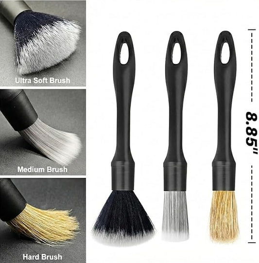 Premium Car Detailing Brush Set - Professional 3 Pack Kit Detail Brushes with Soft Boars Hair Bristles for Auto Interior & Exterior - for Cleaning Leather Seats, Air Vents, Wheels & Emblems