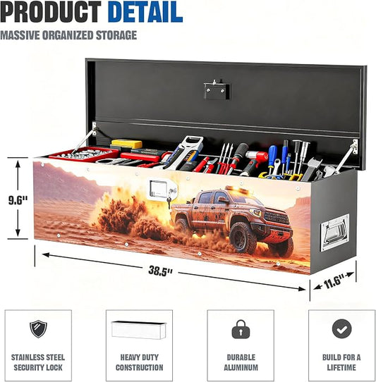 Truck Bed Tool Box, Truck Toolbox compatible with Tacoma, 38.5 x 11.6 x 9.6 Inches, Alloy Steel, Lockable, Weathertight, Flip Top, Pickup Truck Storage