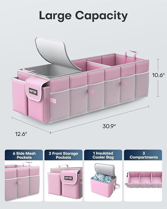 HOTOR Trunk Organizer, Sturdy Foldable with Cooler for Car & SUV, 3 Compartments, Pink, 30.90”×12.60”×10.63”