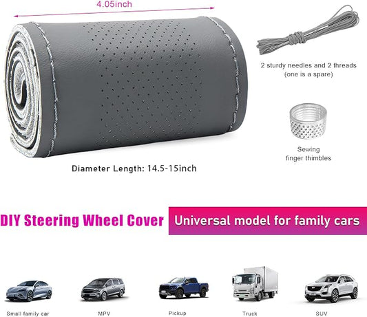 Ziciner Genuine Leather Steering Wheel Cover, Stitch on Wrap, Breathable Anti-Slip Car Steering Wheel Protector for Max Diameter 15 Inch, DIY Sewing with Needles Thread (Gray, Middle Hole)