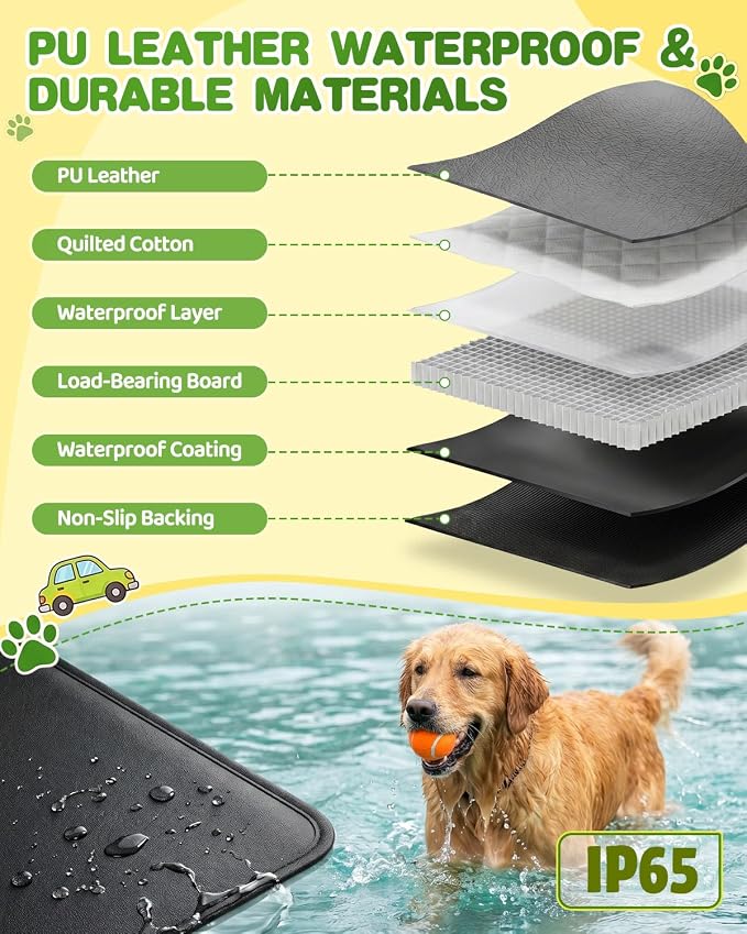 Back Seat Extender for Dogs, Hard Bottom Car Seat Cover Holds 440 LB, Waterproof Scratch Proof Nonslip Dog Seat Cover, Upgraded Material PU Leather Seat Covers Protector for Pet Sedan SUV Trucks