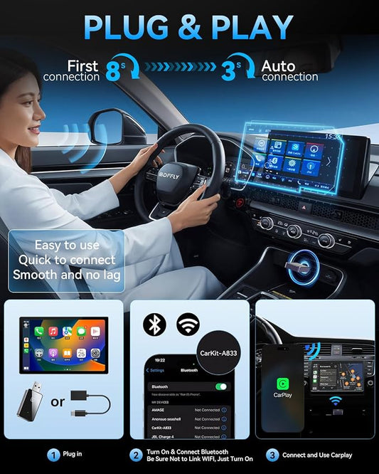 PWAYTEK 2026 Upgraded 2 in 1 Wireless CarPlay & Android Auto Adapter, USB A/C Dongle Convert Factory Wired for iOS 10+ & Android 11+(Black)