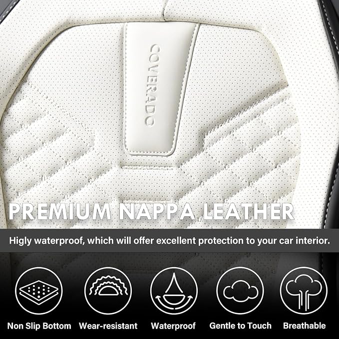 Coverado Leather Seat Covers, Car Seat Covers Full Set, Waterproof Nappa Leather Car Seat Cover, Car Seat Protectors 5 Seats, Black & White Automotive Seat Covers Fit for Most Cars Trucks