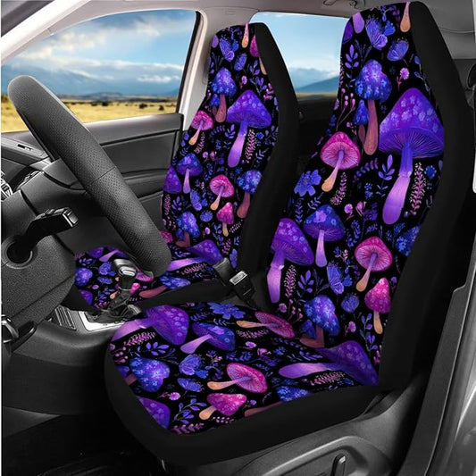 14 Pcs Purple Mushroom Car Seat Covers Full Set with Auto Steering Wheel Cover Armrest Cushion Protector Seat Belt Covers,Rianbow Mushroom Auto Accessories,Universal Fit Cars SUV Trucks