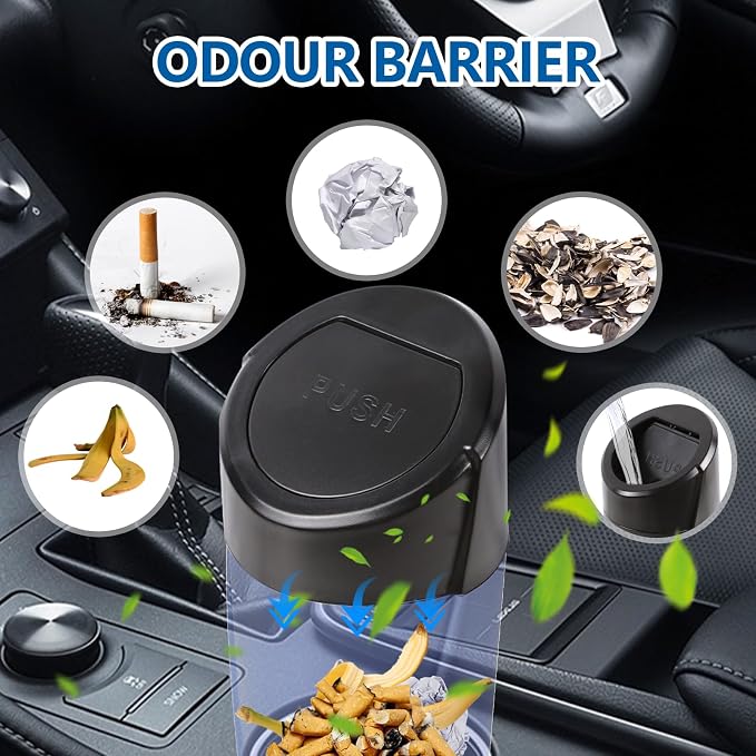 Hovom Mini Car Trash Can with Lid, Portable Garbage Can for Car, Leakproof Cup Holder Automotive Garbage Bin with 2 Rolls of Trash Bags, Small Trash Storage Can for Car Home Office(Black)