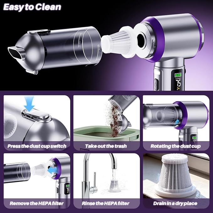 Car Vacuum Portable Cordless, 22000PA High Power Handheld Vacuum Cordless with Brushless Motor & LED Light, Small Vacuum for Car, Home, Pet, Office
