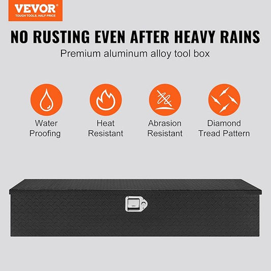 VEVOR Heavy Duty Aluminum Truck Bed Tool Box, Diamond Plate Tool Box with Side Handle and Lock Keys, Storage Tool Box Chest Box Organizer for Pickup, Truck Bed, RV, Trailer, 48"x15"x15", Black