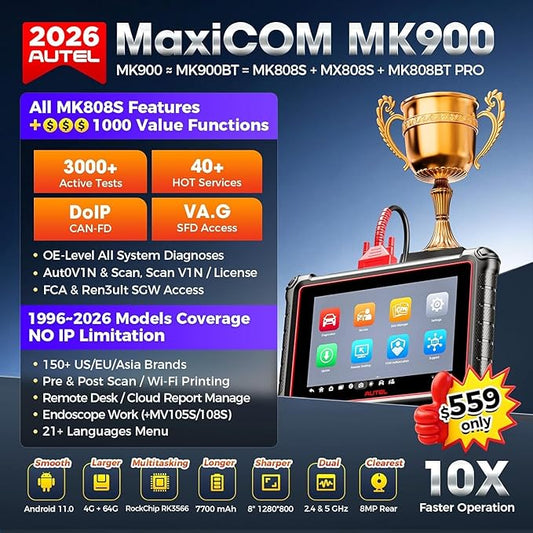 Autel MaxiCOM MK900 Bidirectional Scanner: 2026 Up of MaxiCheck MX808S MK808S, Work as MK900-BT MK900BT MX900 OBD2 Diagnostic Tool w/ 3000+ Active Test, 40+ Service, CAN-FD&DOIP, All System, FCA 11 OS