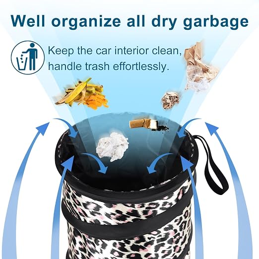 Car Trash Can, 2 Packs Mini Car Garbage Can, Collapsible Trash Bin | Pop-Up Trash Can for Front Back Seat, Portable Trash Bag Hanging for Vehicle SUV Rv Truck Accessories Interior, Leopard Print