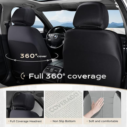 Coverado Front Seat Leather Covers, Full Leather Construction with Carbon Fibre Weave, Universal Fit for Most Cars SUV Trucks (Gray)