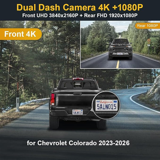 Fitcamx Front 4K+Rear 1080P Dash Cam Adapts for Chevy Colorado 2023-2026 with Auto-Dimming (3rd Gen), Integrated OEM Look, Dual HD Video, WiFi & APP, Loop Recording, G-Sensor, Easy to Set, 128GB Card
