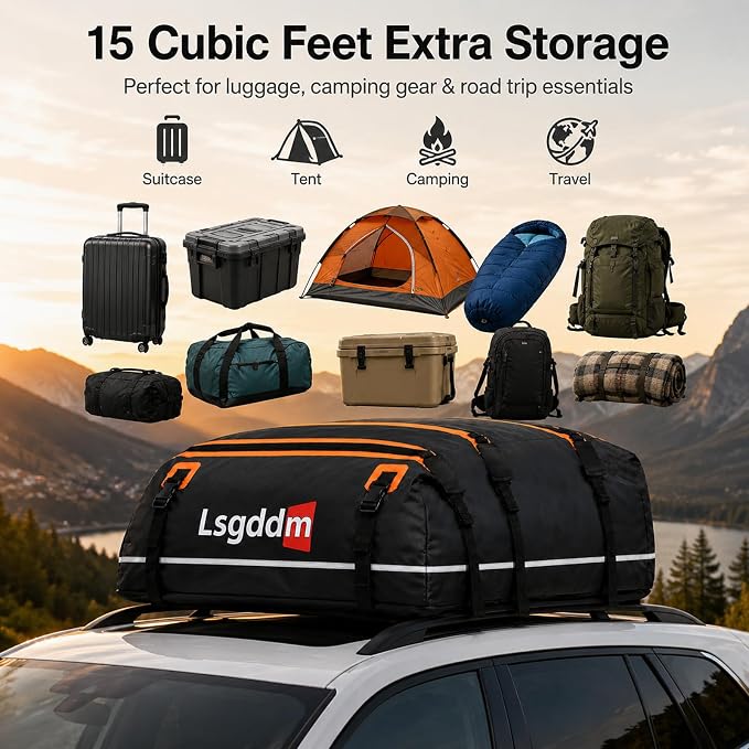 Car Roof Cargo Carrier 15/21 Cubic Feet – Extra Storage for Travel, Waterproof Rooftop Bag, Fits All Vehicles with or Without Roof Rack (15 Cu Ft)