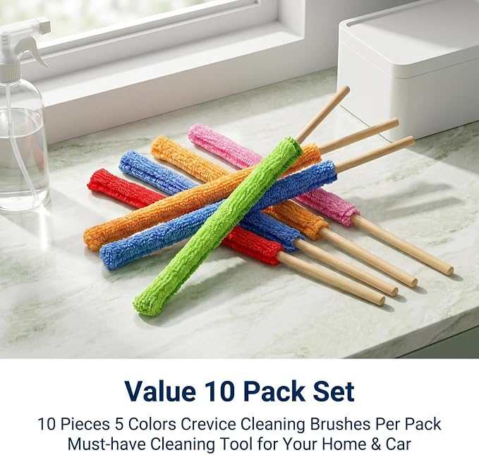 10-Pack 10.24 inch Microfiber Detail Duster Sticks, Reusable Mini Gap Dust Cleaner Crevice Tool, Fan Blade Brush for Car Air Vents, Window Blinds & Small Spaces