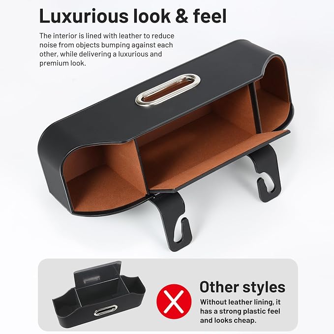 Car Rear Backseat Extra Multifunctional Drink Cup Holder Organizers With Tissue Storage Box Organizer & Hooks For Car Seat Back. Black