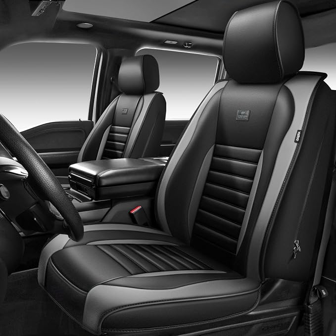 CAR PASS Nappa Leather Car Seat Covers Full Set, Luxury Seat Protector for Cars, Waterproof Anti-Slip Seat Cushion Armrest Compatible Airbag Universal for Sedan SUV Pick-up Truck Auto, Black Gray