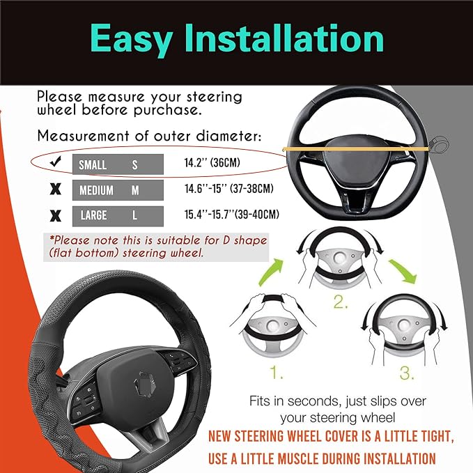 PINCTROT D Shaped 14 Inch Small Sized Steering Wheel Cover Great Grip with 3D Honeycomb Anti-Slip Design, Flat Bottom 14 Inch (All Black)