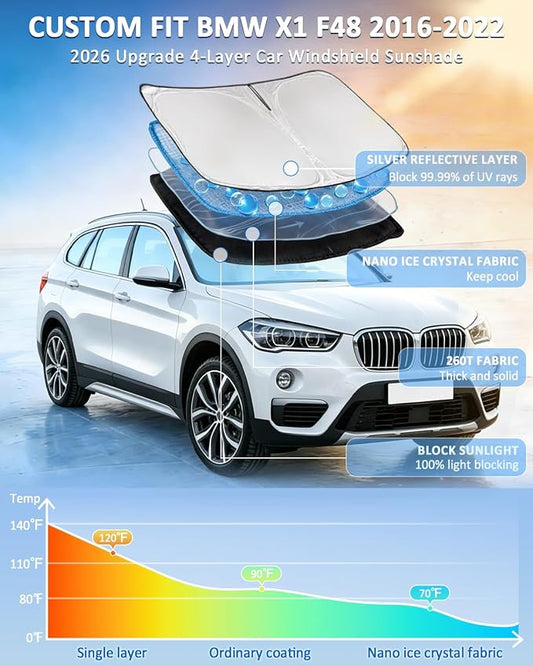 for BMW X1 F48 U11 2016-2022 Windshield Sun Shade - 4 Layers Car Sunshades for Front Windows Shade Cover Custom Fit X1 F48 U11 Sun Visor 250T Retractable Shade Blocks UV Rays Car Accessories