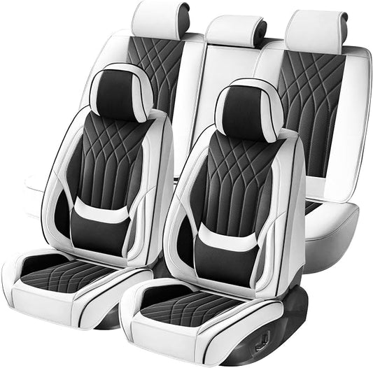 Black White Car Seat Covers Full Set, Full Coverage Luxury Leather Automotive Seat Covers Waterproof Car Seat Protector, Front & Rear Seats Cover Sets Universal Fit for Most Cars SUVs Trucks