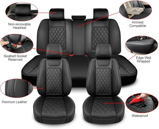BEITK Leather Car Seat Covers Full Set,Unique Rear Design Easy to Install Car Seat Cover Protectors,Universal Full Surround Front Back Auto Seat Cover,Car Seat Cover for Sedan Cars Pick-up Trucks SUV