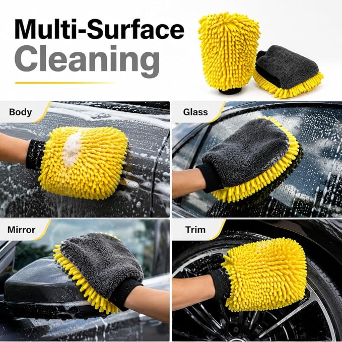 Car Wash Mitt, Double-Sided Chenille Microfiber, Yellow and Black, Waterproof