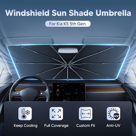 Autorder Windshield Sun Shade Umbrella for 2021-2025 2026 Kia K5 Accessories,Upgraded Ice Crystal Material,Easy Setup Umbrella Sunshade for Car Windshield,100% Sun Blocking