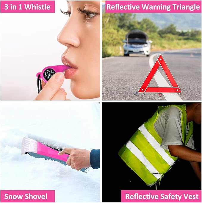 Car Roadside Emergency Kit - Pink Roadside Assistance Emergency Kit with Jumper Cables, Auto Tool Set, Deer Whistles, Winter Car Safety Roadside Assist Kit for Teen Girl and Ladies