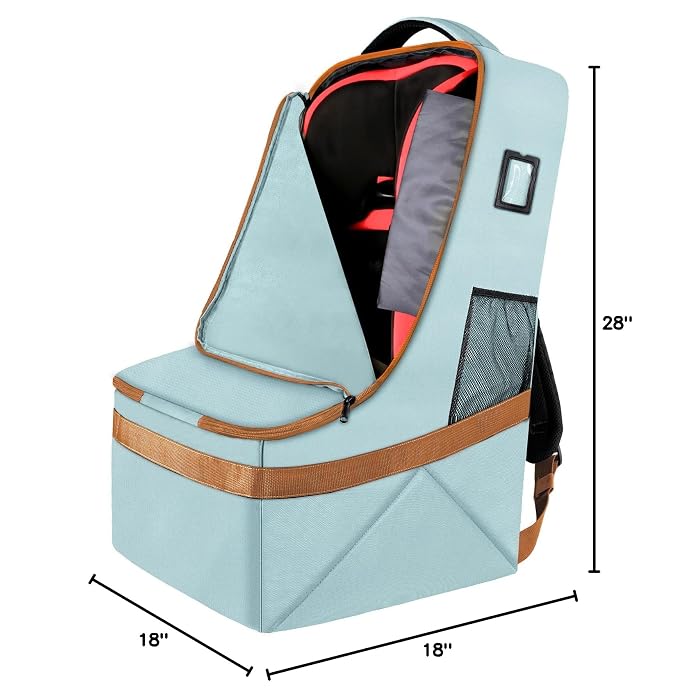YOREPEK Padded Car Seat Travel Bag for Air Travel, Carseat Cover Backpack with Shoulder Straps, Large Carseat Gate Check Bag, Baby Travel Essential(Light Cyan)