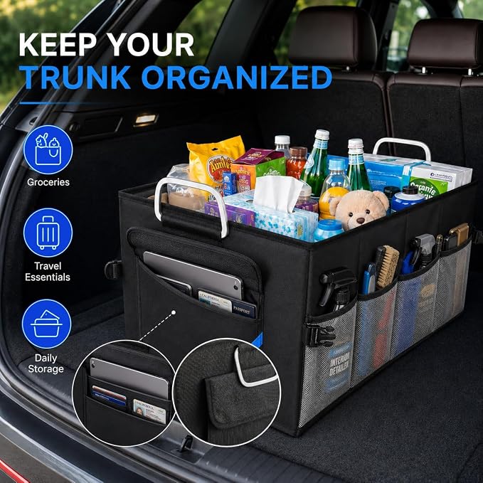 Car Trunk Organizer, Portable, Collapsible, Waterproof, Oxford Cloth, Aluminum Handle, Ideal for SUVs, Cars, Camping, Storage