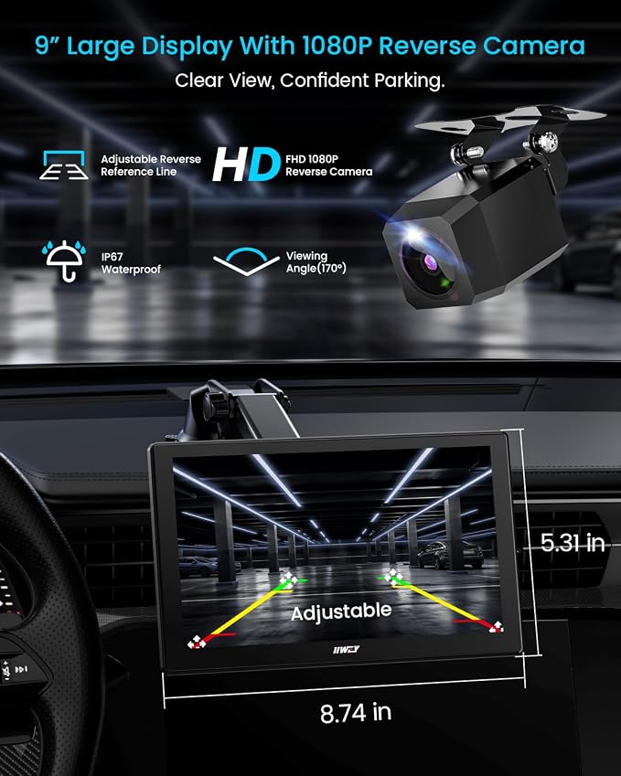 IK5 9" Wireless Apple CarPlay & Android Auto Screen, Portable Car Stereo with 4K Dash Cam & 1080p Backup Camera, Add CarPlay to Any Vehicle, Touchscreen, Mirror Link