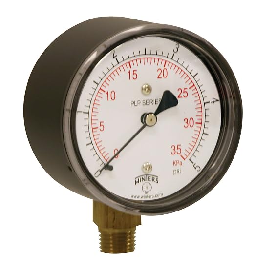 Winters 2-1/2" Dial Size, Liquid Filled Industrial Pressure Gauge, Brass Internals, 304 Stainless Steel Case, Single Scale 0-15 psi, 1.5% Acc, 1/4" NPT Bottom Mount, Glycerin Filled Pressure Gauge
