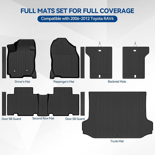 Custom Fit Floor Mats for 2006-2012 Toyota RAV4, All Weather TPE Floor Liners & Trunk Mat & Backrest Mats & Door Sill Guard, Odorless Full Set Interior Accessories