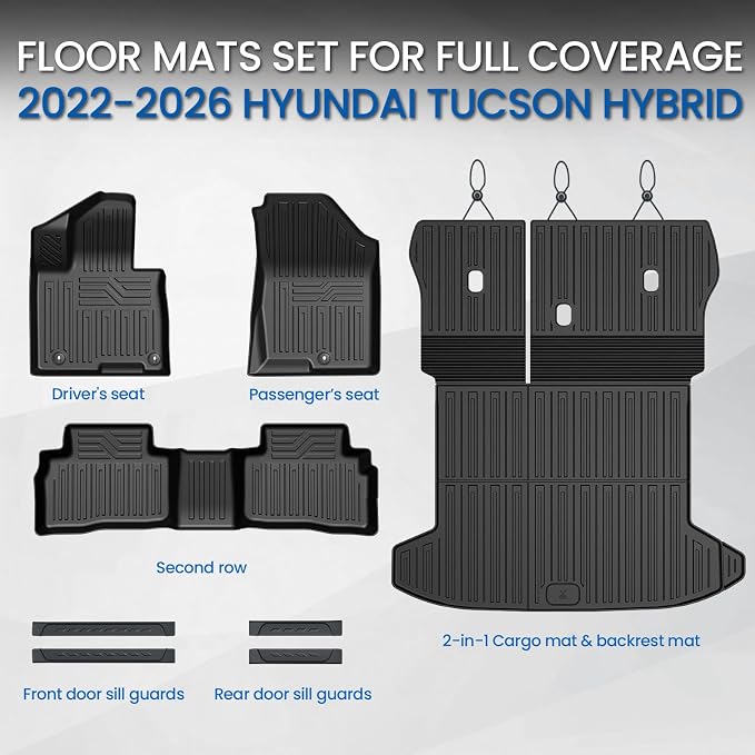 Floor Mats Set for Hyundai Tucson 2022-2025 2026 Hybrid Version (Not fit Gas and PHEV), All Weather TPE Cargo Liner Backrest Mat Trunk Mat Door Sill Guards Accessories