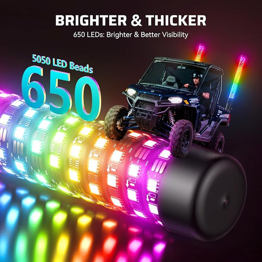 Ehaho 2PCS 2FT Fat Whip Lights for UTV ATV, Led Fatty Whip Light W/Rocker Switch & 6 Flags, Brighter Spiral Chasing Lighted Antenna Whip with APP & Remote Control for RZR SXS Can-Am X3 Off-Road