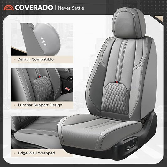 Coverado Car Seat Covers for Front Seat, Leather Seat Cover for Cars, Waterproof Seat Cover with Lumbar Support, Universal Car Seat Protector, Driver Seat Cushion Universal for Most Vehicles (Gray)