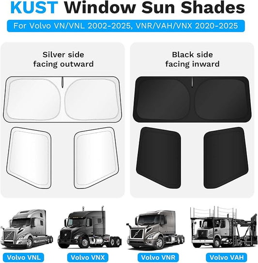 KUST Full Coverage Window Shades for Volvo VN/VNL 2002-2025, VNR/VAH/VNX 2020-2025 (No Need Suction Cups) Accessories, Window Cover UV Keep Your Car Cool Easy Install Full Set 3PCS