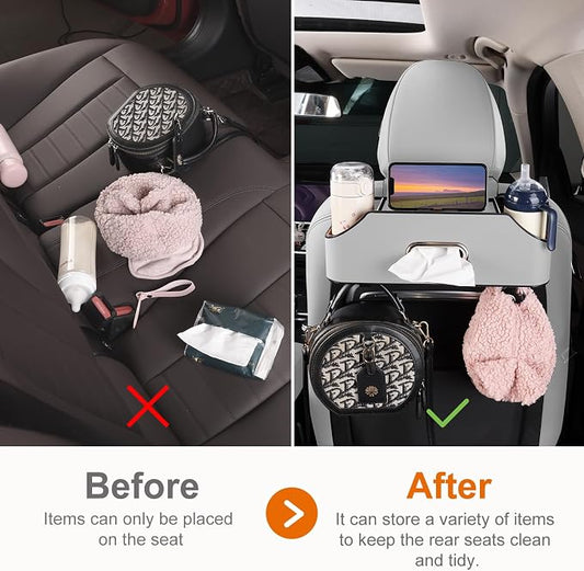 Car Rear Backseat Extra Multifunctional Drink Cup Holder Organizers with Tissue Storage Box Organizer & Hooks for Car Seat Back (Gray)