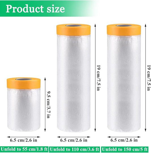 6 Pack Tape and Drape, 1.8x65.6 Ft Pre-Taped Masking Film for Auto Painting Covering, Plastic Pre-Adhesived Dust Paint Protective Drop Film for Furniture, Car, Floor