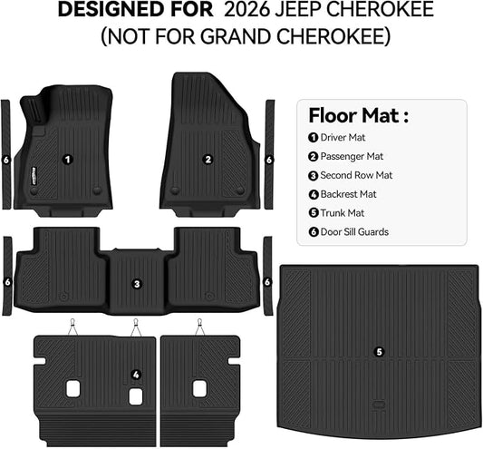 Floor Mats for Jeep Cherokee Hybrid 2026(Not for Grand Cherokee), Trunk Mat and Backrest Mat & Door Sill Guard All Weather TPE Protector for Jeep Cherokee Accessories