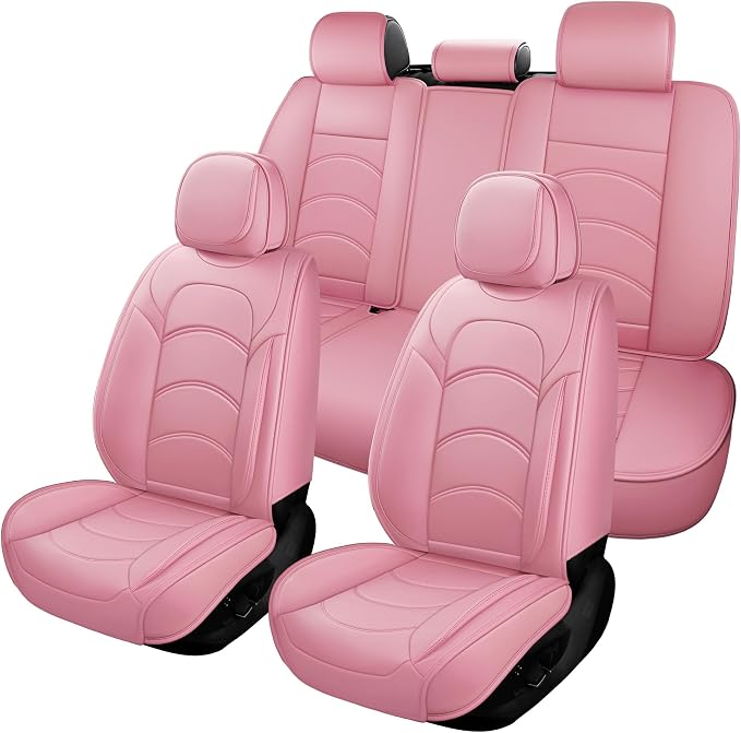 otoez Car Seat Covers Full Set, 5 Seats Waterproof Universal Leather Seat Cover for Cars, Front Rear Automotive Interior Protectors Full Coverage for Most Cars Sedens Trucks SUVs, Pink