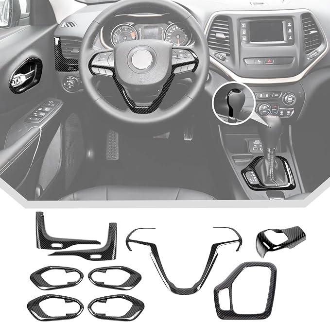 JeCar 9pcs Set Black Carbon Fiber Interior Trim Kit for 2014-2018 Jeep Cherokee Interior Accessories