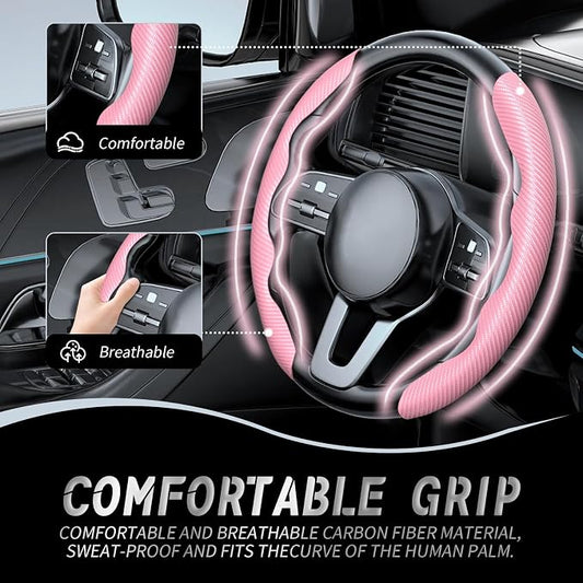 WOCOCN 2pcs Car Steering Wheel Cover,Anti-Skid Carbon Fiber Steering Wheel Protector for Men Women,Multiple Color Options,Universal for Most Car Interiors Accessories (Pink)