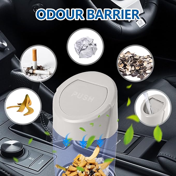 Hovom Mini Car Trash Can with Lid, Portable Garbage Can for Car, Leakproof Cup Holder Automotive Garbage Bin with 2 Rolls of Trash Bags, Small Trash Storage Can for Car Home Office(White)