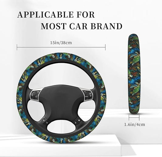Sea Turtle Steering Wheel Cover + 2 Cup Coasters - Neoprene Non-Slip, Breathable Elasticity Universal Fit 14.5-15.6 Inch for Cars/Trucks/SUV - Car Interior Decoration