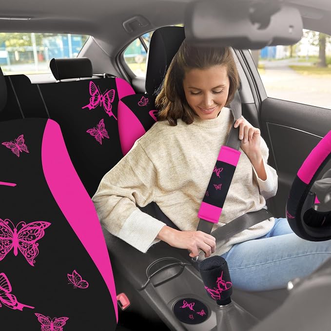BBTO 43 Pcs Butterfly Car Seat Full Set Butterfly Car Accessories for Women 5 Front Rear Seat Covers Wrist Strap 2 Pcs Cup Mat Armrest Pad 2 Belt Xmas Cover Accessories for SUV(Rose, Black)