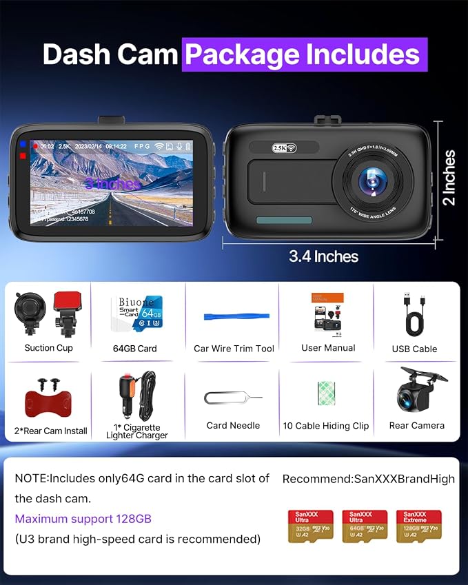 Dash Cam Front and Rear, 2.5K Dual Dash Camera W/ 64GB Card,3" IPS Screen Dash Cam Built-in 5G WiFi, Car Camera with G-Sensor, Loop Recording, Night Vision, 24H Parking Monitor,170°Wide Angle