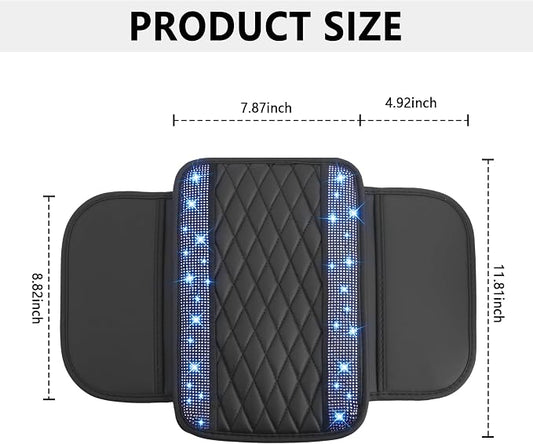 Stacool Upgraded Car Center Console Cover with Rhinestones,Microfiber Leather Car Armrest Cover Cushion with 2 Storage Bags,Universal Cars Armrest Storage Box as Cars Interior Accessories