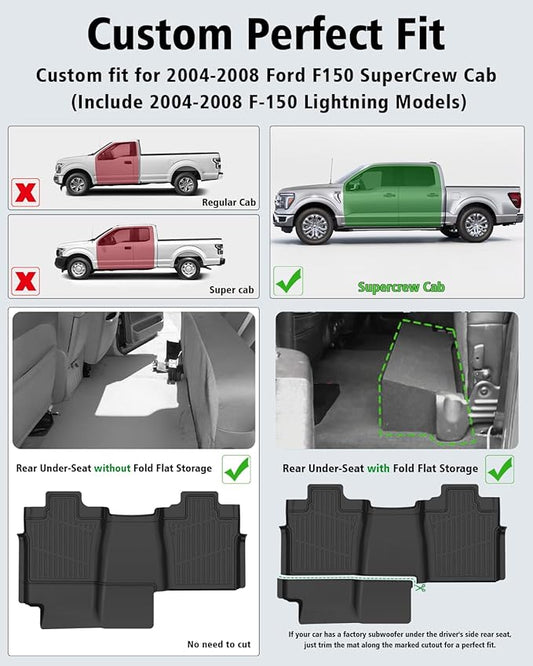 Floor Mats for 2004-2008 Ford F-150 SuperCrew Cab & for Lincoln Mark LT Crew Cab 2006-2008 All Weather TPE Floor Liners Custom Fit for 2008 F-150 1st & 2nd Row Anti-Slip Full Set Car Mats