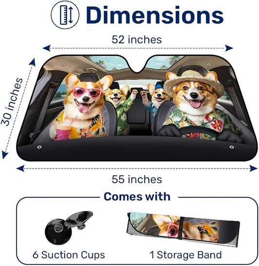 GENANY Corgi Family Funny Windshield Sun Shade for Car SUV Truck (55x30 Inches), Foldable Heat Shield, Shades for Front Windows, Protector Blocks UV, Car Decor